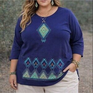 SABAKU Artwear Top Womens Plus 1X Ethnic Aztec Southwestern Navy 3/4 Sleeve BOHO